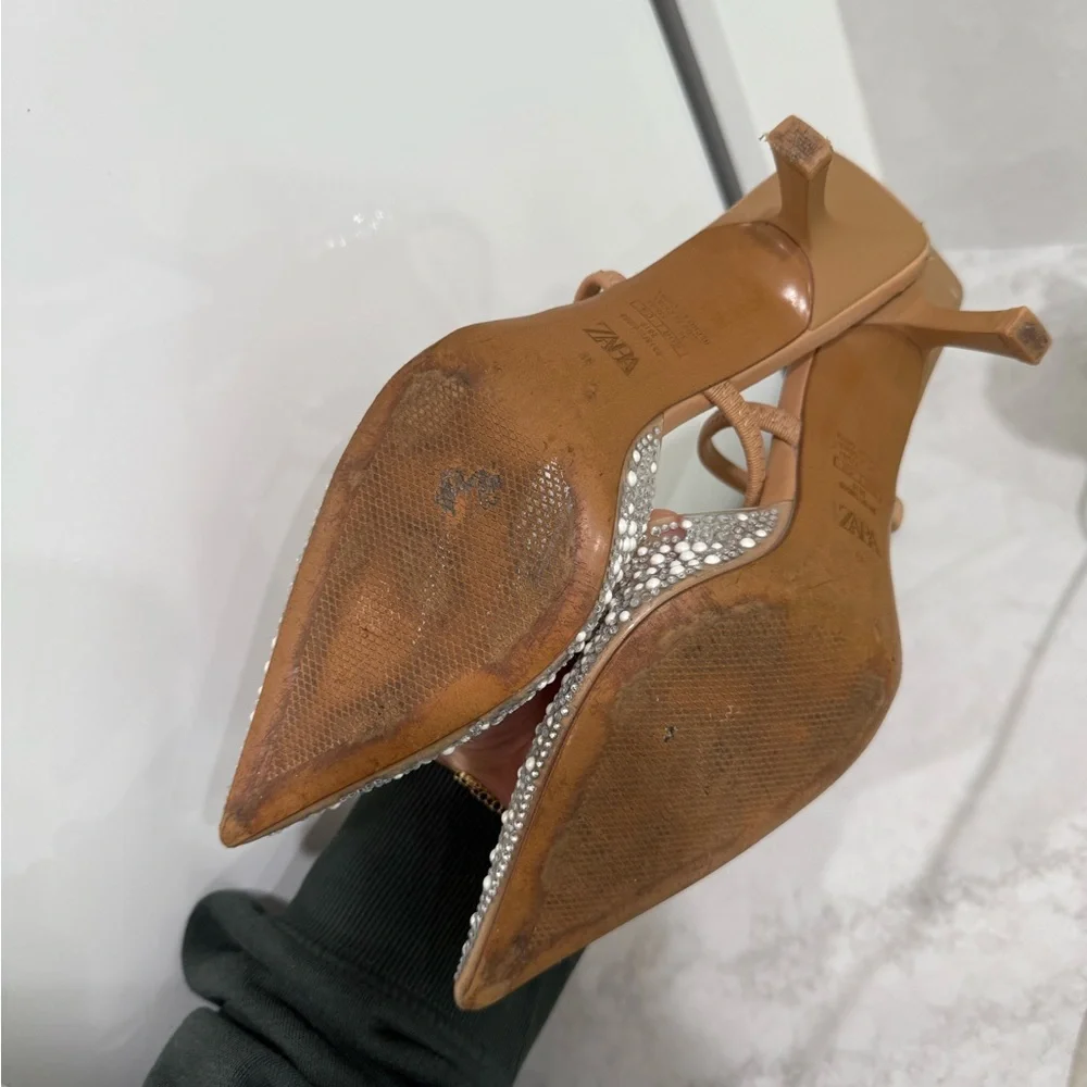 Zara Tan Slingback Pointed Heels with Pearl Embellishments - Picture 3 of 3